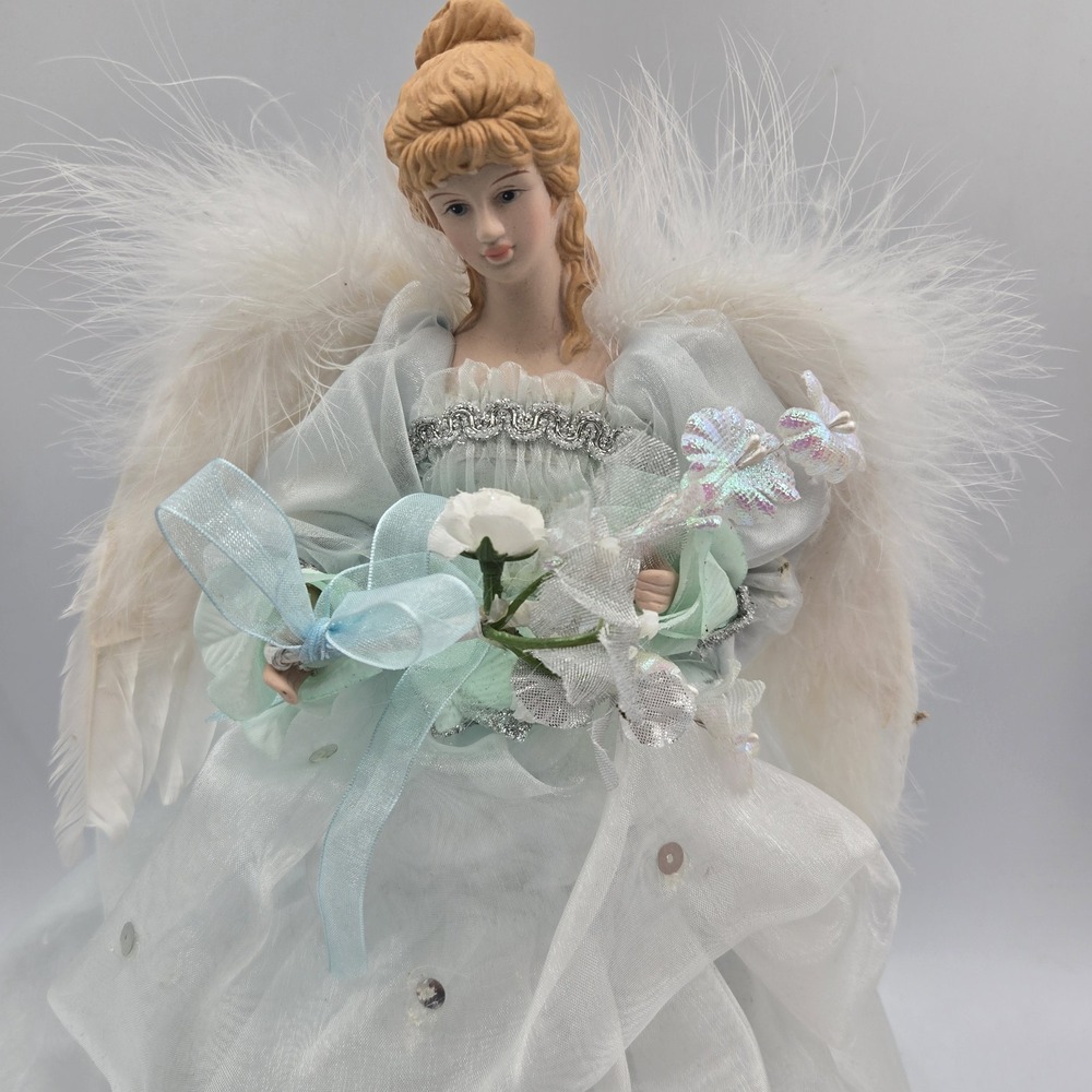 Vintage Angel Christmas Tree Topper Layered Sequined Gown Ceramic Face Blonde